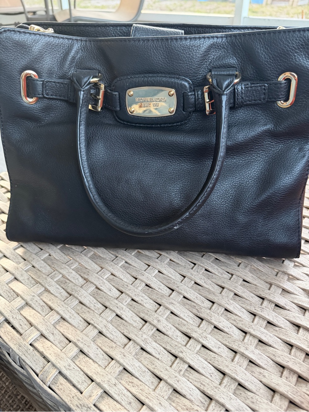 Michael Kors Black Leather Satchel with Gold-Tone Plate